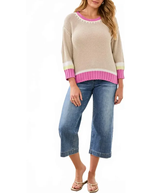Crew Neck Cotton Sweater With Contrast Stitch Detail