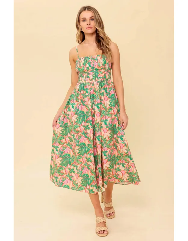 Storytelling Woven Midi Dress With Pleated Bodice And Full Skirt