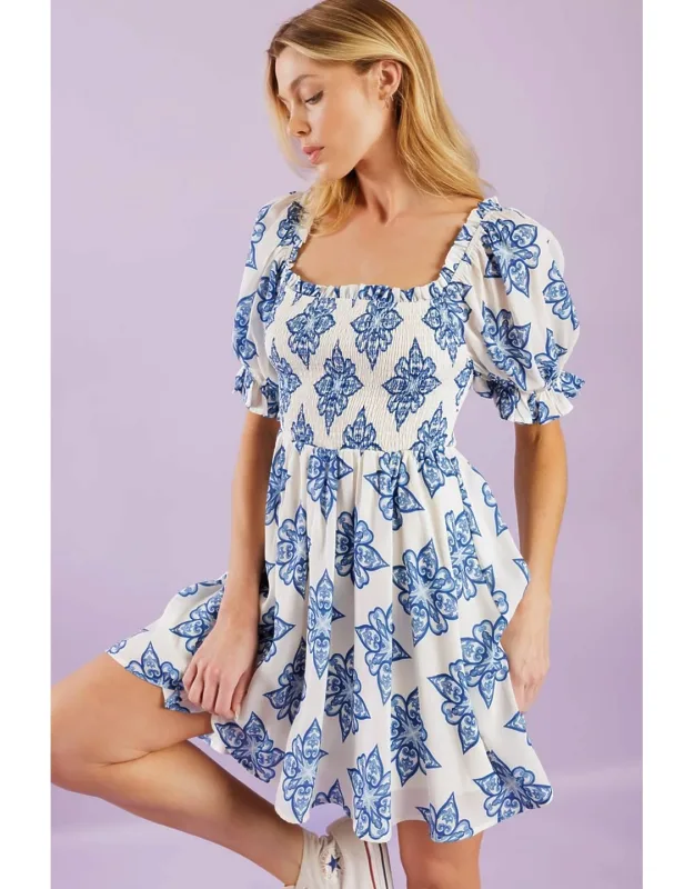 Through The Garden Woven Mini Dress With Square Neckline And Puff Sleeves