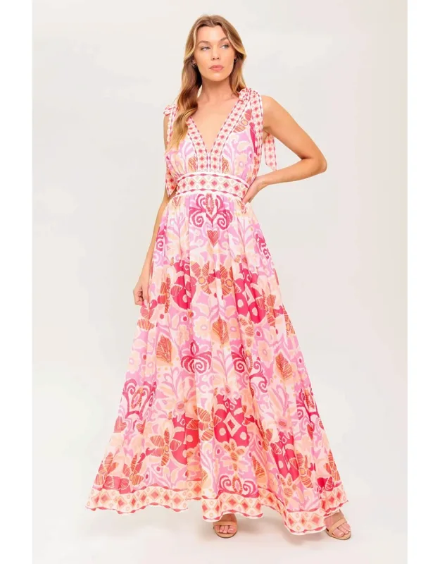 Leace It To Fate Maxi Dress With Front/back V Neckline And Shoulder Tie