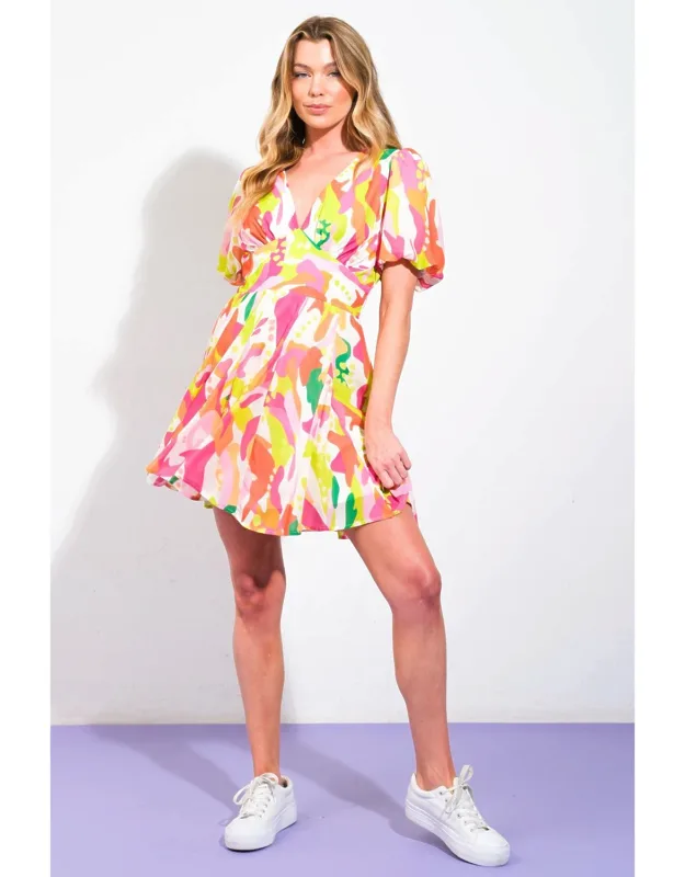 Cute Certainty Woven Mini Dress With V Neckline And Short Sleeves