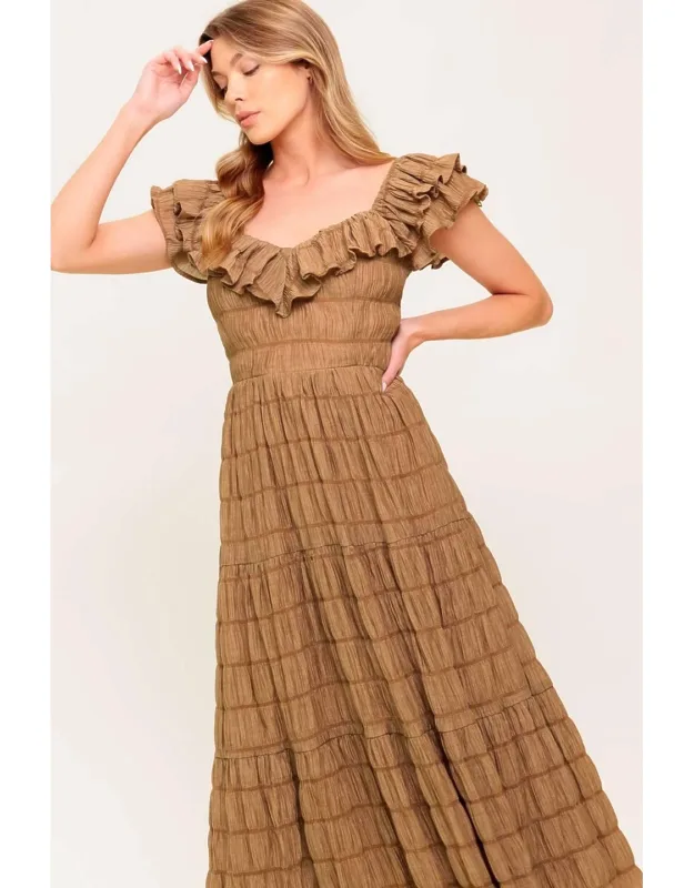 Natural Balance Woven Midi Dress With Ruffles Neckline And Tiered Skirt