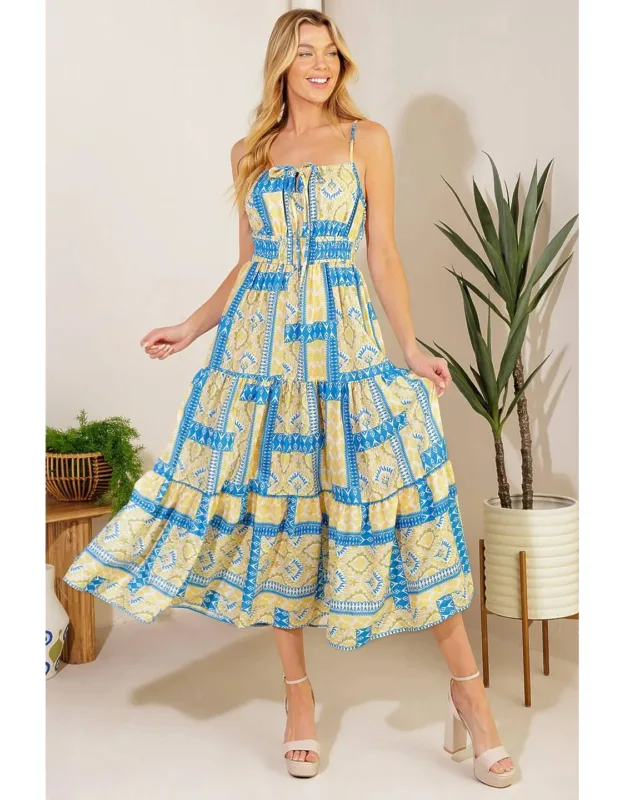 Making A Wish Woven Midi Dress With Front Tie And Smocked Waistband