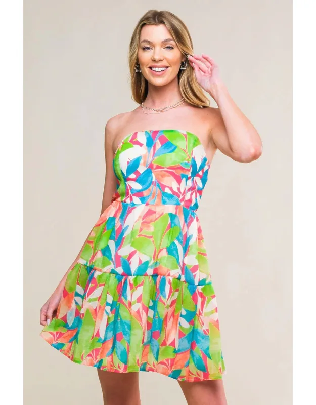 Pristine Presence Woven Mini Dress With Strapless Design And Tiered Skirt