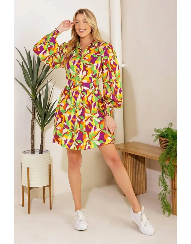 World Is Your Oyster Woven Mini Dress With Shirt Collar And Smocked Cuff