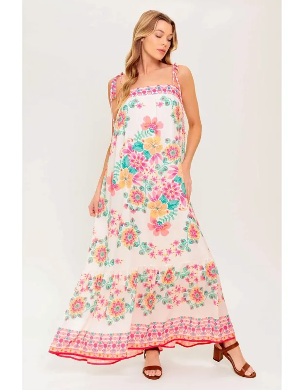 Woven Maxi Dress With Printed Design And Straight Neckline