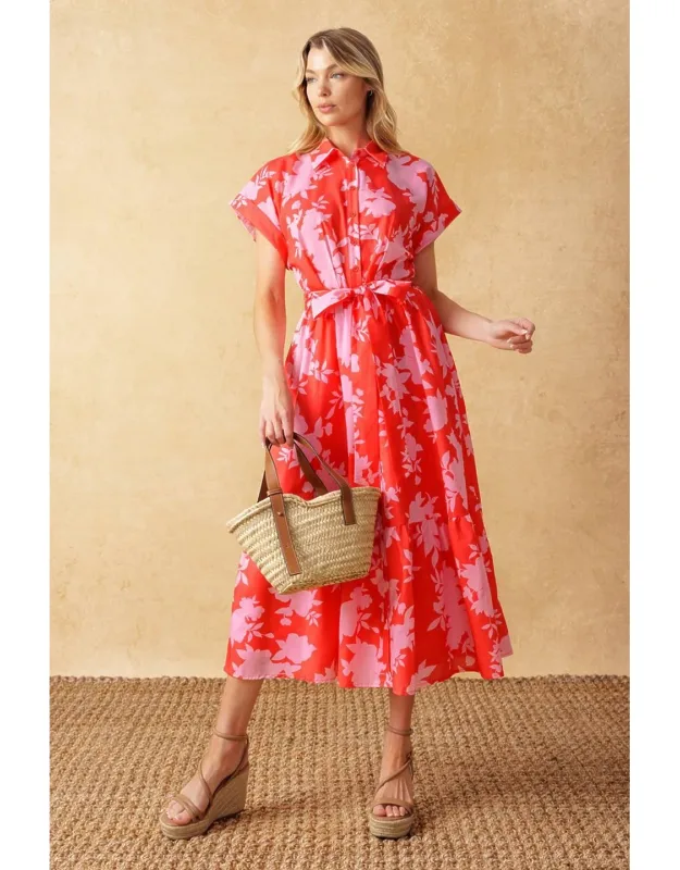 Make It Count Woven Midi Dress With Shirt Collar And Ruffled Hemline
