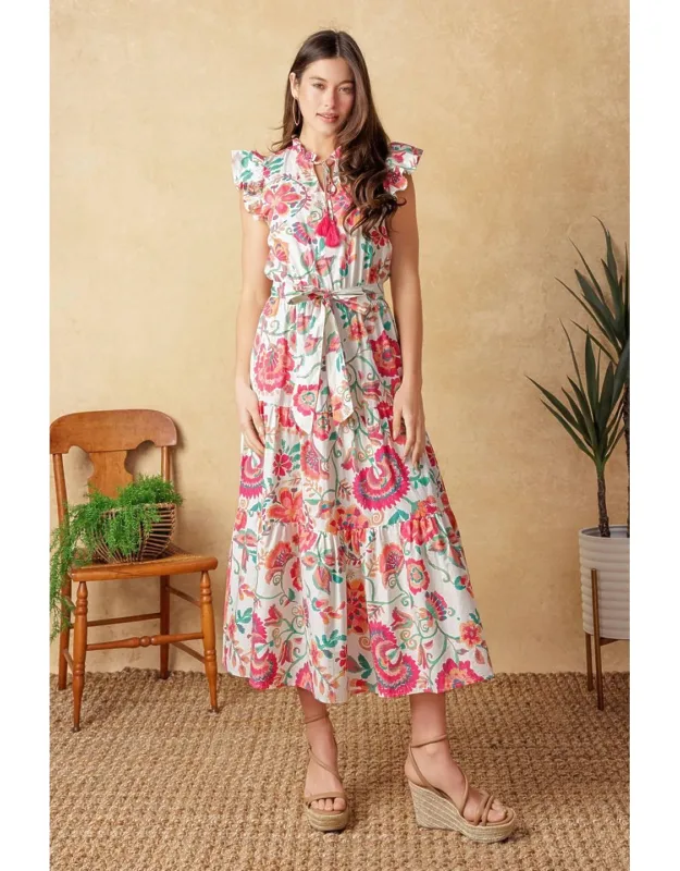 Bright Moments Woven Midi Dress With Ruffled Neckline And Tiered Skirt
