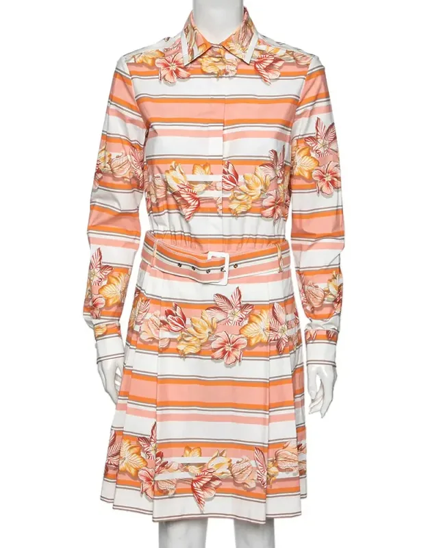 Multicolor Printed Cotton Belted Long Sleeve Shirt Dress