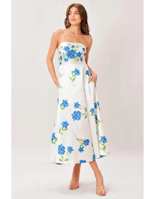 Garden Muse Woven Midi Dress - Strapless Circle Skirt