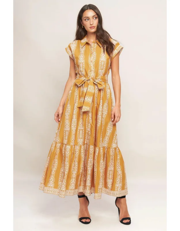 Desert Bloom Woven Midi Dress With Collar And Ruffled Hemline