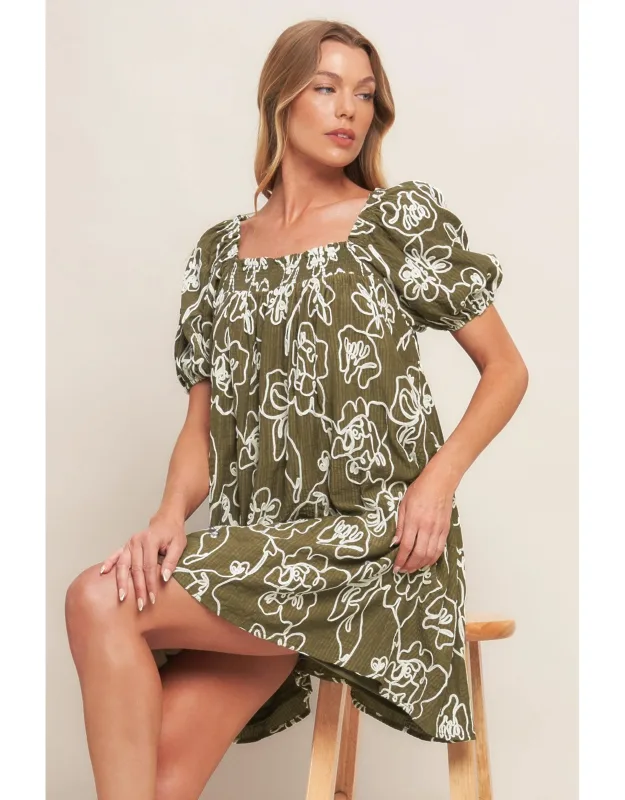 Botanical Outline Woven Mini Dress