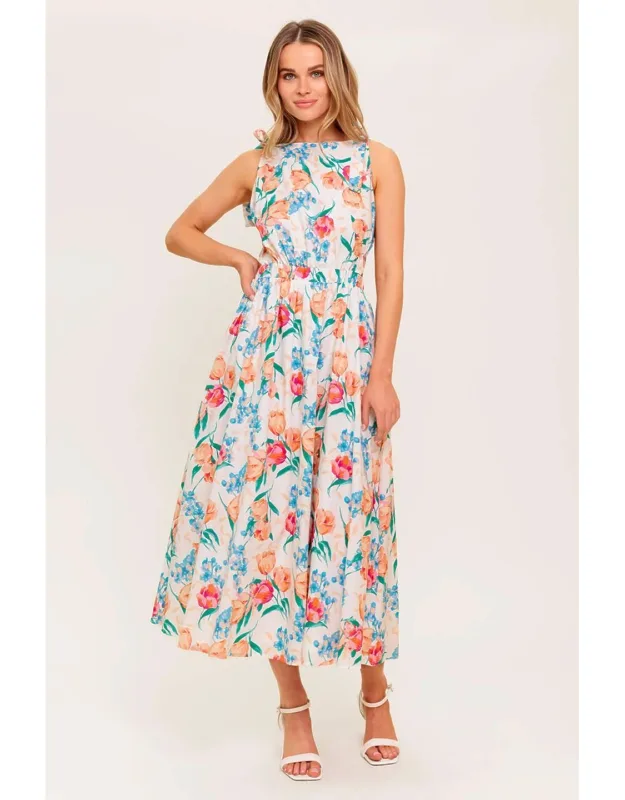 Whispering Flora Woven Midi Dress