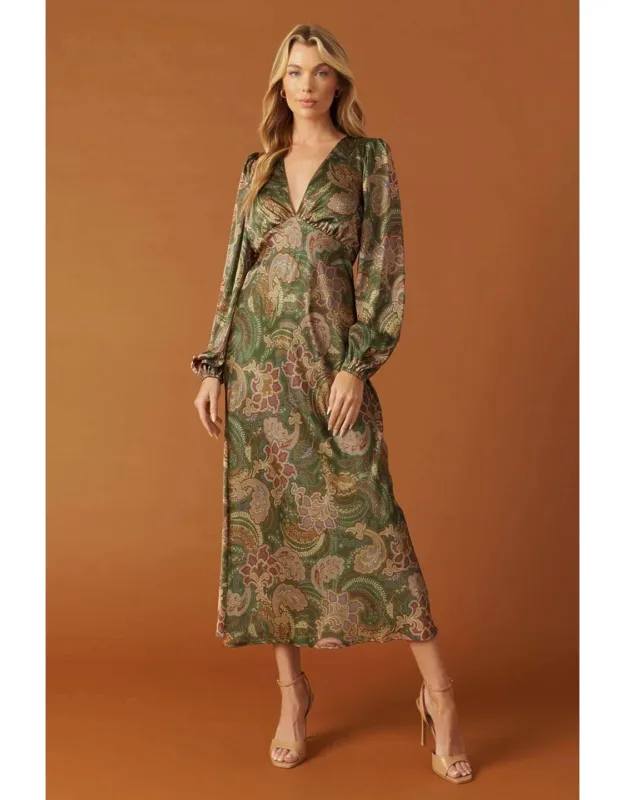 Stick Season Woven Midi Dress With Plunging V Neckline And Long Sleeves