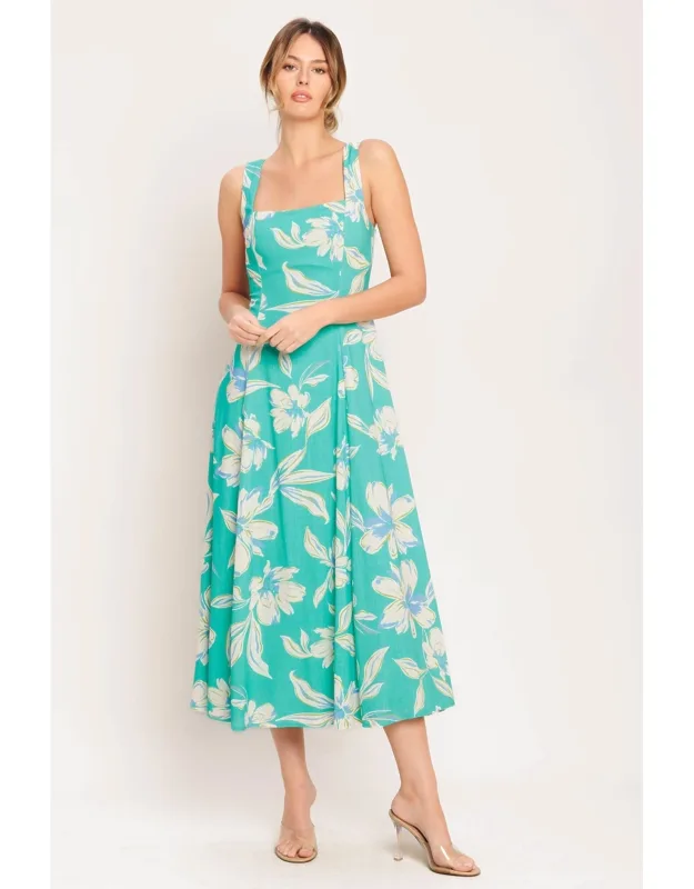 Aqua Daydream Woven Midi Dress With Square Neckline And Back Zipper Closure