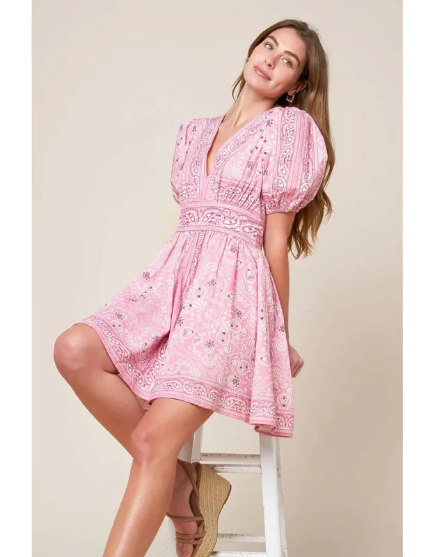 Exceptionally Pristine Woven Mini Dress With V Neckline And Puff Sleeves