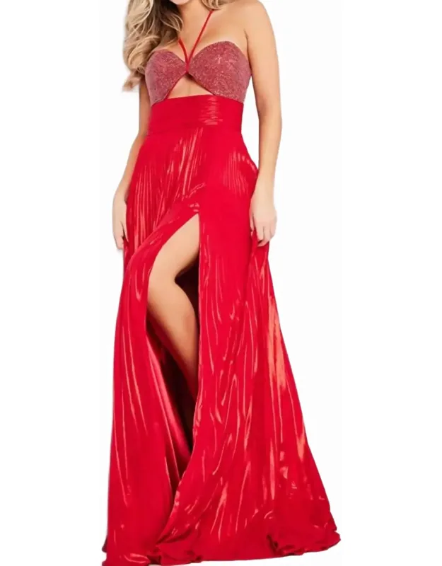 Metallic Halter Pleated Prom Dress