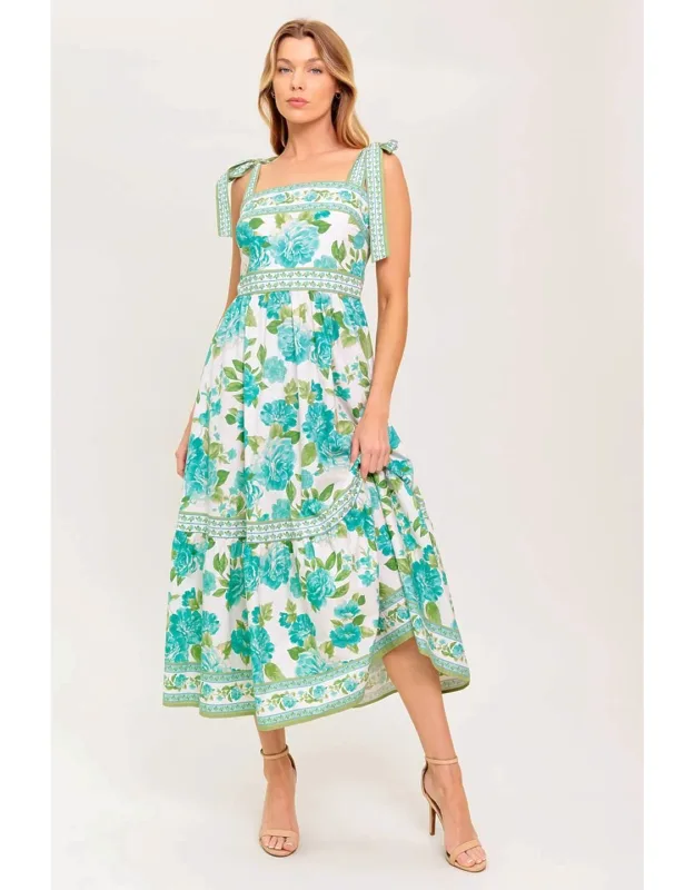 Written In The Sky Midi Dress With Ruffled Hemline And Back Zipper Closure
