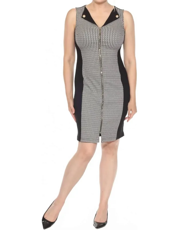 Geometric Blocked Zip Front Mini Sheath Dress