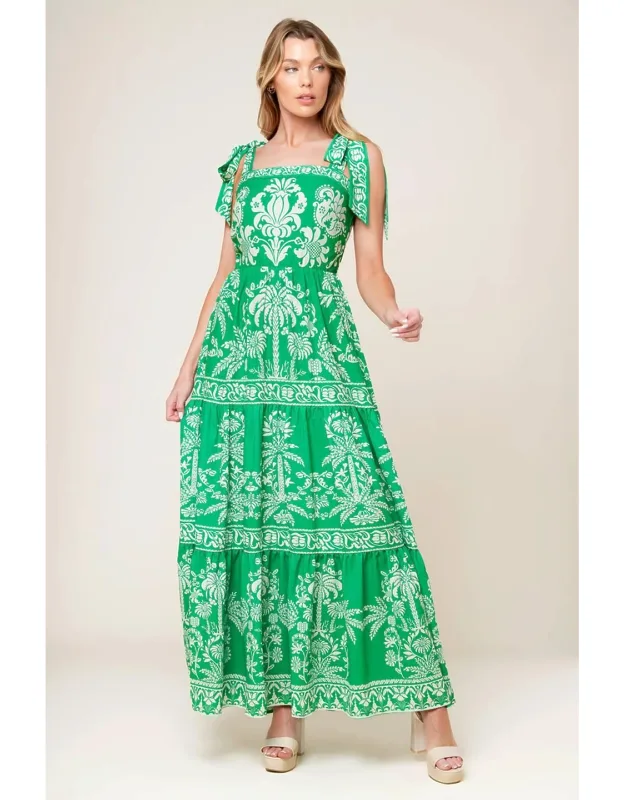 Sweet Like Woven Maxi Dress With Straight Neckline And Shoulder Tie