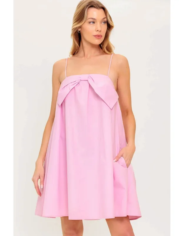Invested In You Woven Mini Dress With Front Bow Detail And Elasticized Back