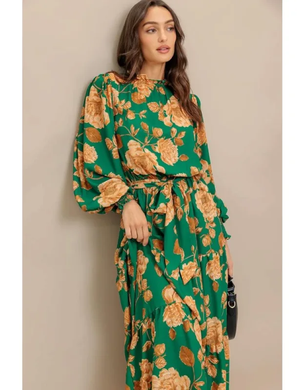 Songs About You Woven Midi Dress With Ruffled High Neckline And Tiered Skirt