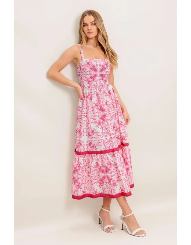 Rose Garden Woven Midi Dress With Ruffle Hemline And Smocked Back Bodice