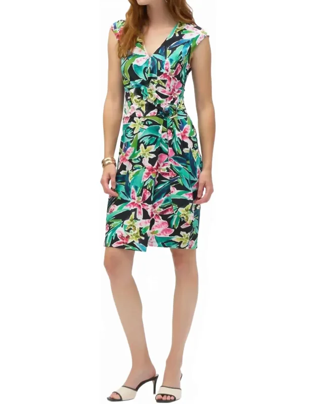 Tropical Print Faux Wrap Sheath Dress