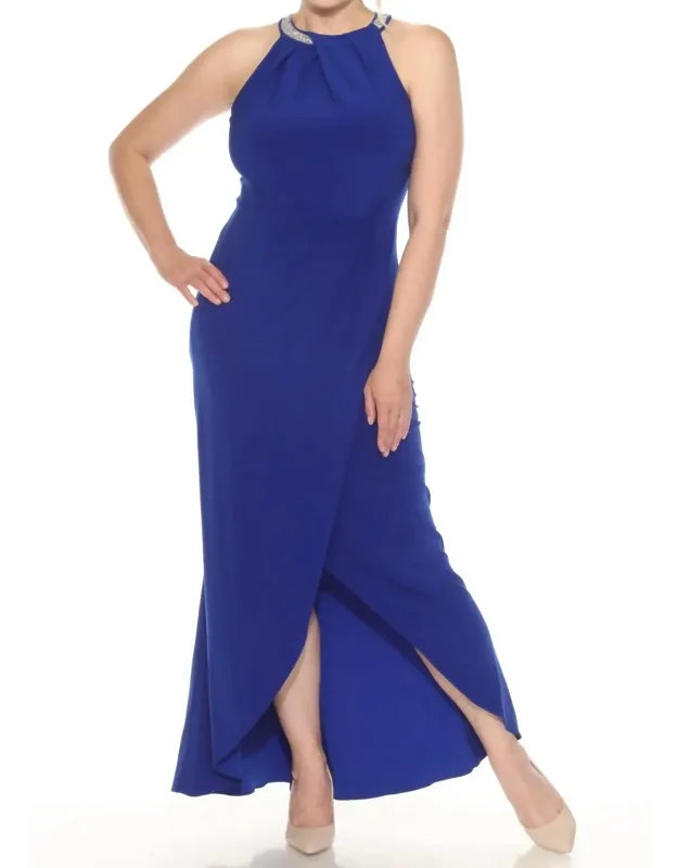 Embellished Pleated Halter Maxi Evening Dress