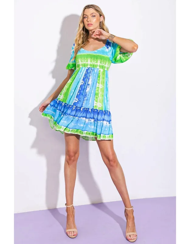Essence Of Summer Woven Mini Dress With Smocked Bodice And Ruffled Hemline