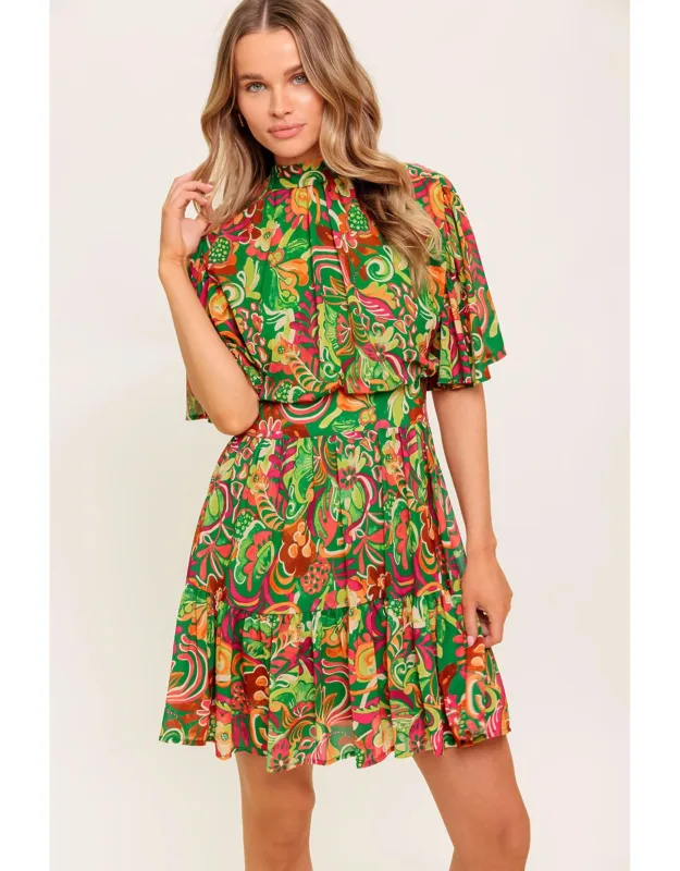 Clean Aesthetic Woven Mini Dress With High Neckline And Ruffled Hemline