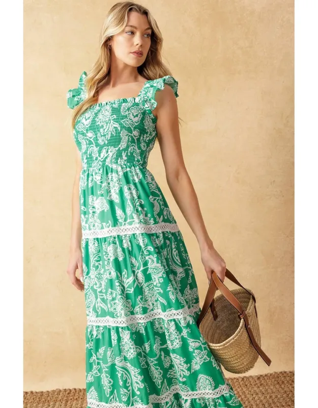 Moment In Time Woven Maxi Dress With Ruffled Short Sleeve And Smocked Bodice