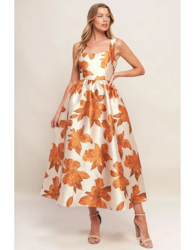 Autumnal Floral Woven Midi Dress With U Neckline And Back Zipper Closure