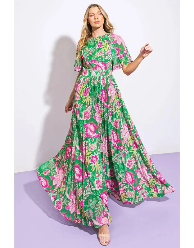 All Night Revival Woven Maxi Dress With Pleated Dolman Sleeves And Open Back