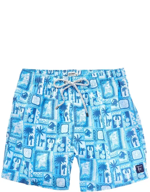 Swim Trunk - Blue Lobster Box Print, Three Pocket Design, Elasticized Waist