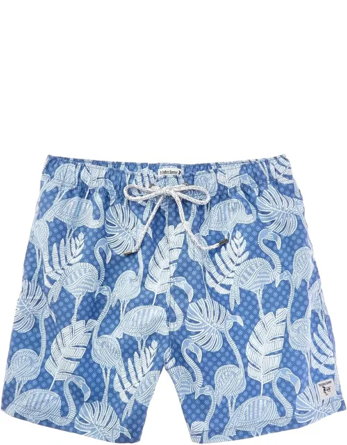 Swim Trunk - Denim Textured Flamingo, Elasticized Waist, Drawstring Waistband