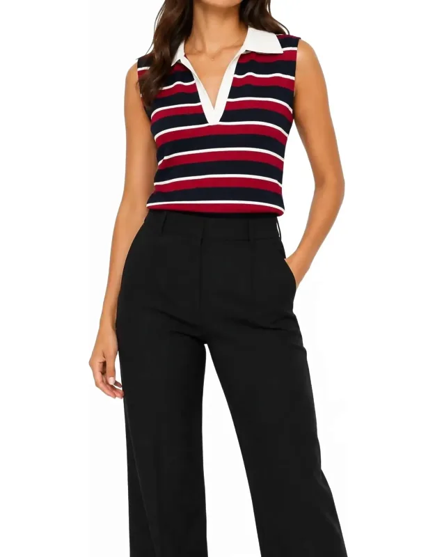Striped Knitted Sleeveless Polo Top
