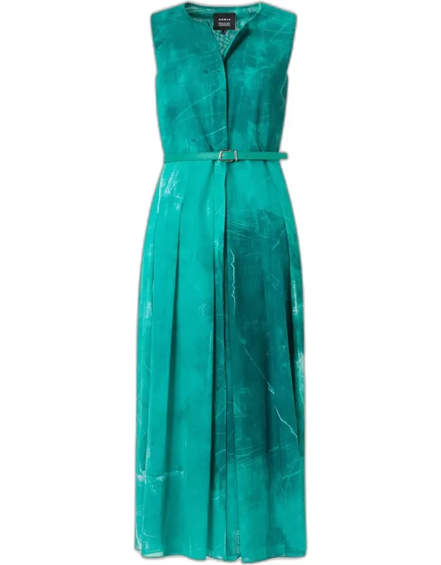 Sleeveless Cotton Voile Belted Midi Dress