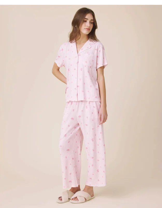 Strawberries And Stripes Notch Top And Crop Pants Pj Set
