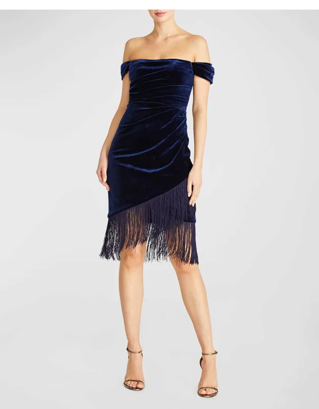 Off-shoulder Fringe Velvet Midi Dress