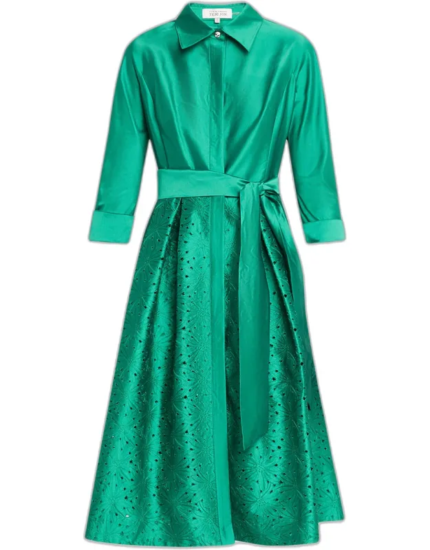 Eyelet Embroidered Taffeta Midi Shirtdress