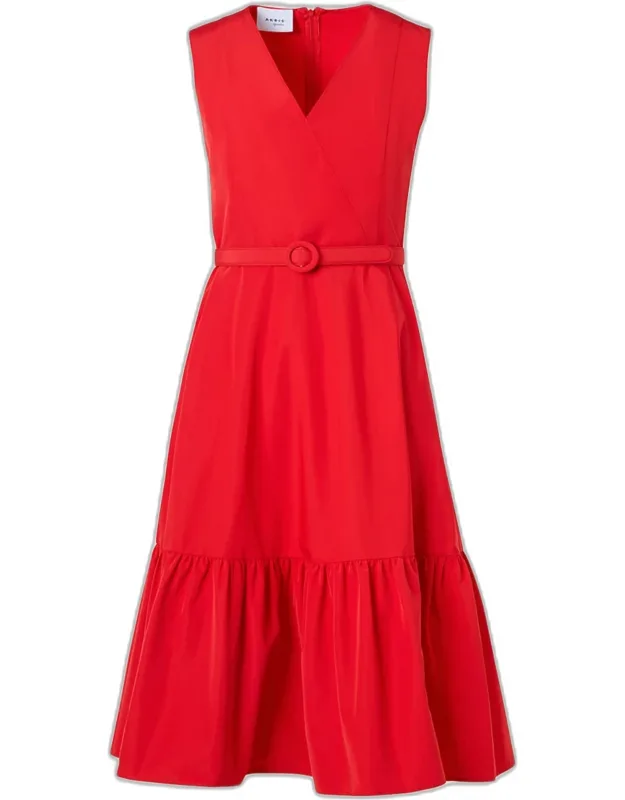 Sleeveless Belted Taffeta Midi Dress