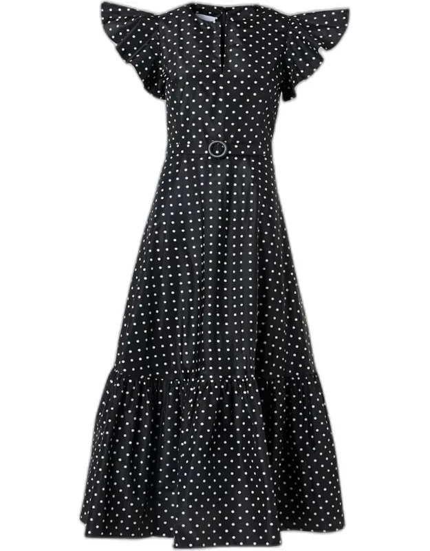Belted Polka Dot Flutter-sleeve Dress