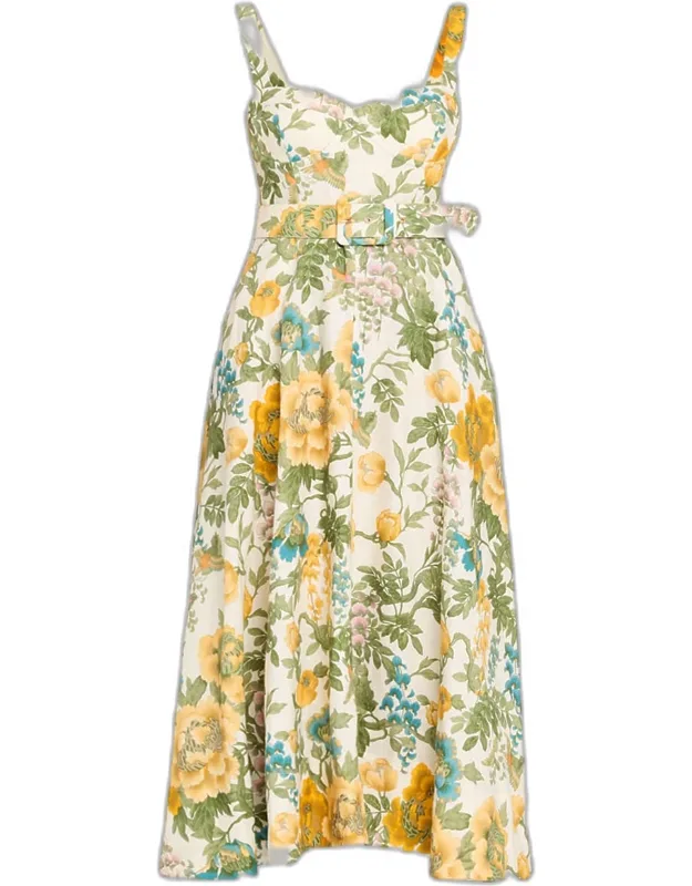 Calypso Floral Midi Dress With Bustier Bodice And Side Pockets