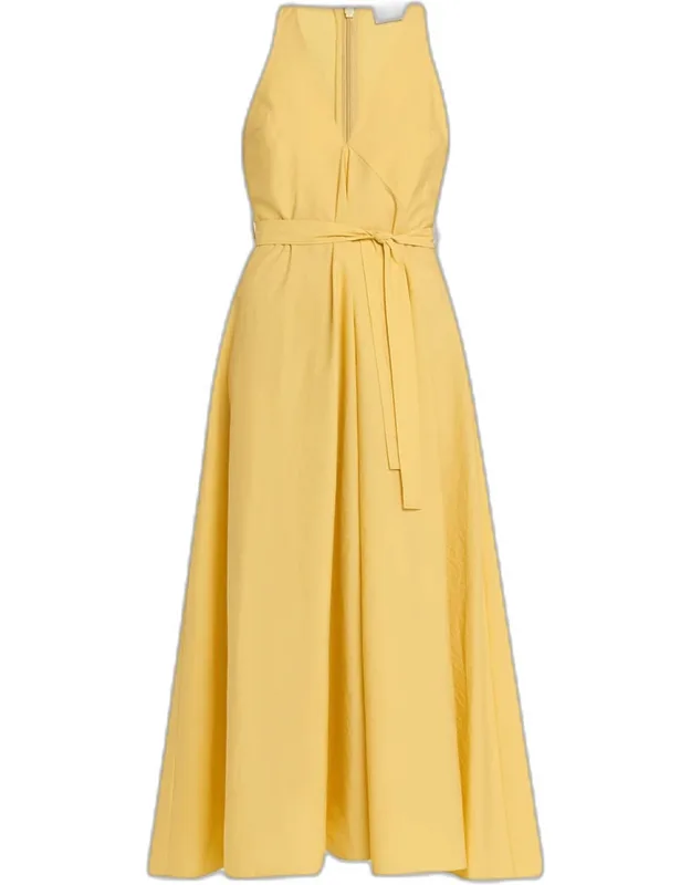 Sleeveless Belted Cotton Techno Poplin Midi Dress