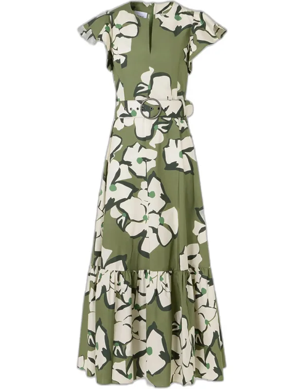 Papercut Flower Cotton Ruffle Belted Midi Dress