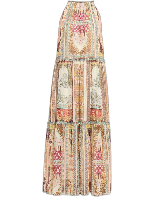 The Aurora Baroque-print Halter Maxi Dress