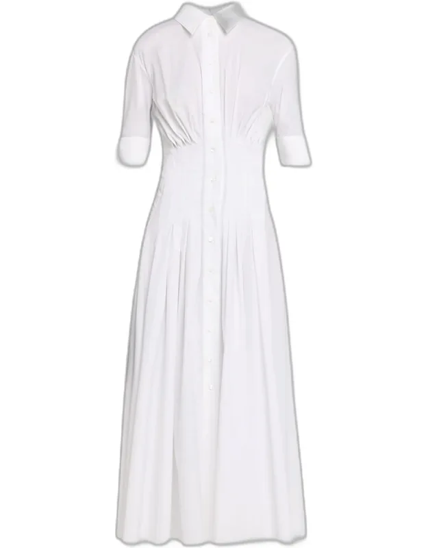 Pleated Cotton Poplin Cinched Midi Shirtdress