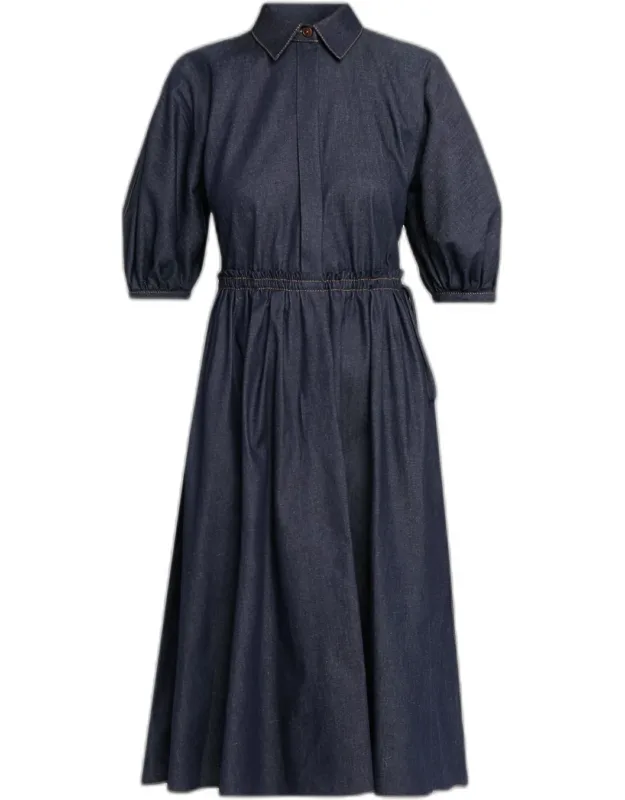 Puff-sleeve Drawstring Midi Shirtdress