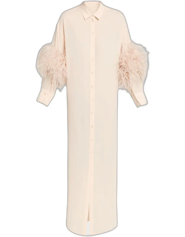 Feather-trim Long-sleeve Georgette Maxi Shirtdress